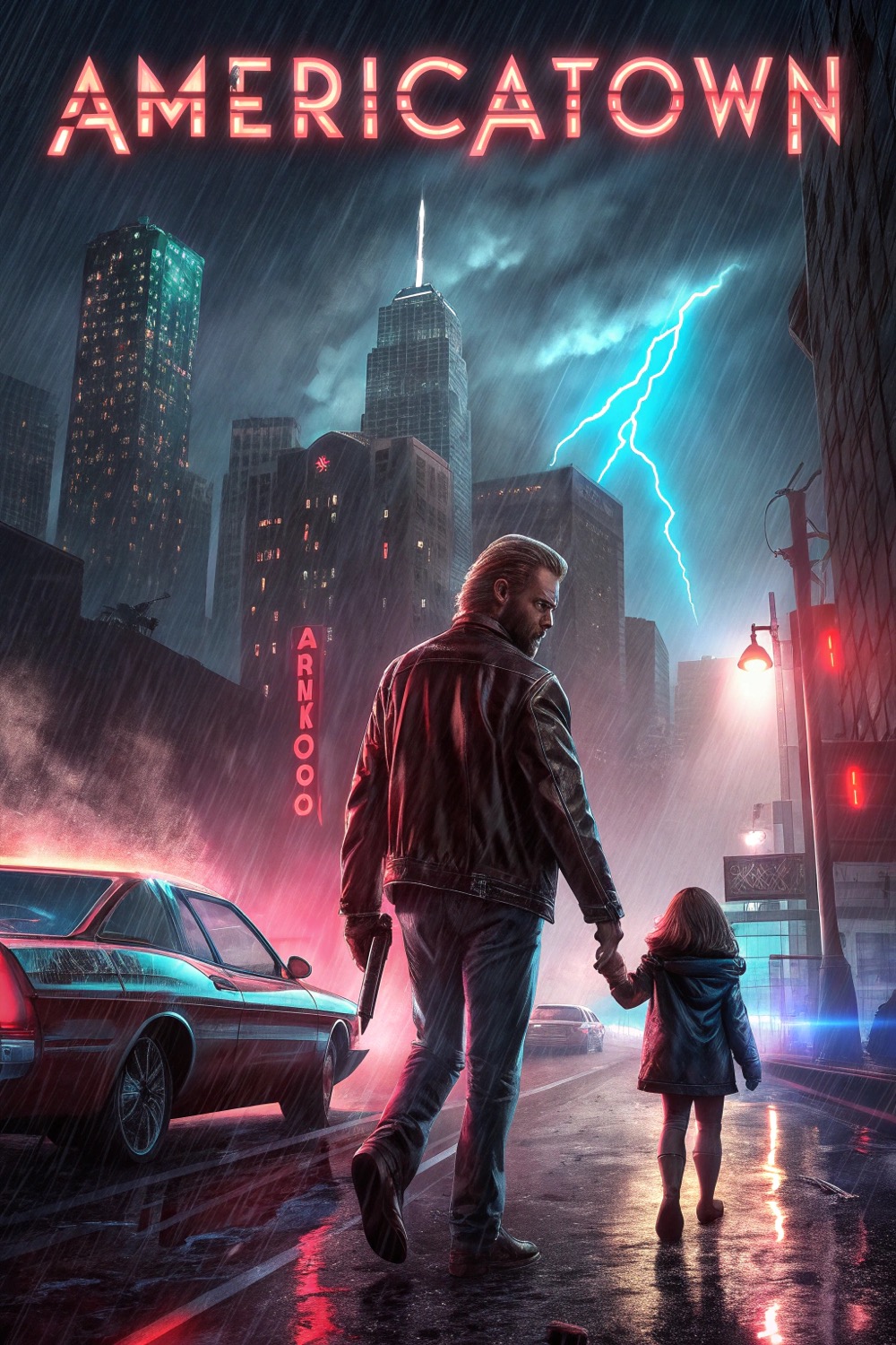 Rain-slick neon Hong Kong skyline under storm clouds, a rugged father clutching his daughter's hand, and a ghosted, crumbling Hollywood sign in a smoke-filled sky.