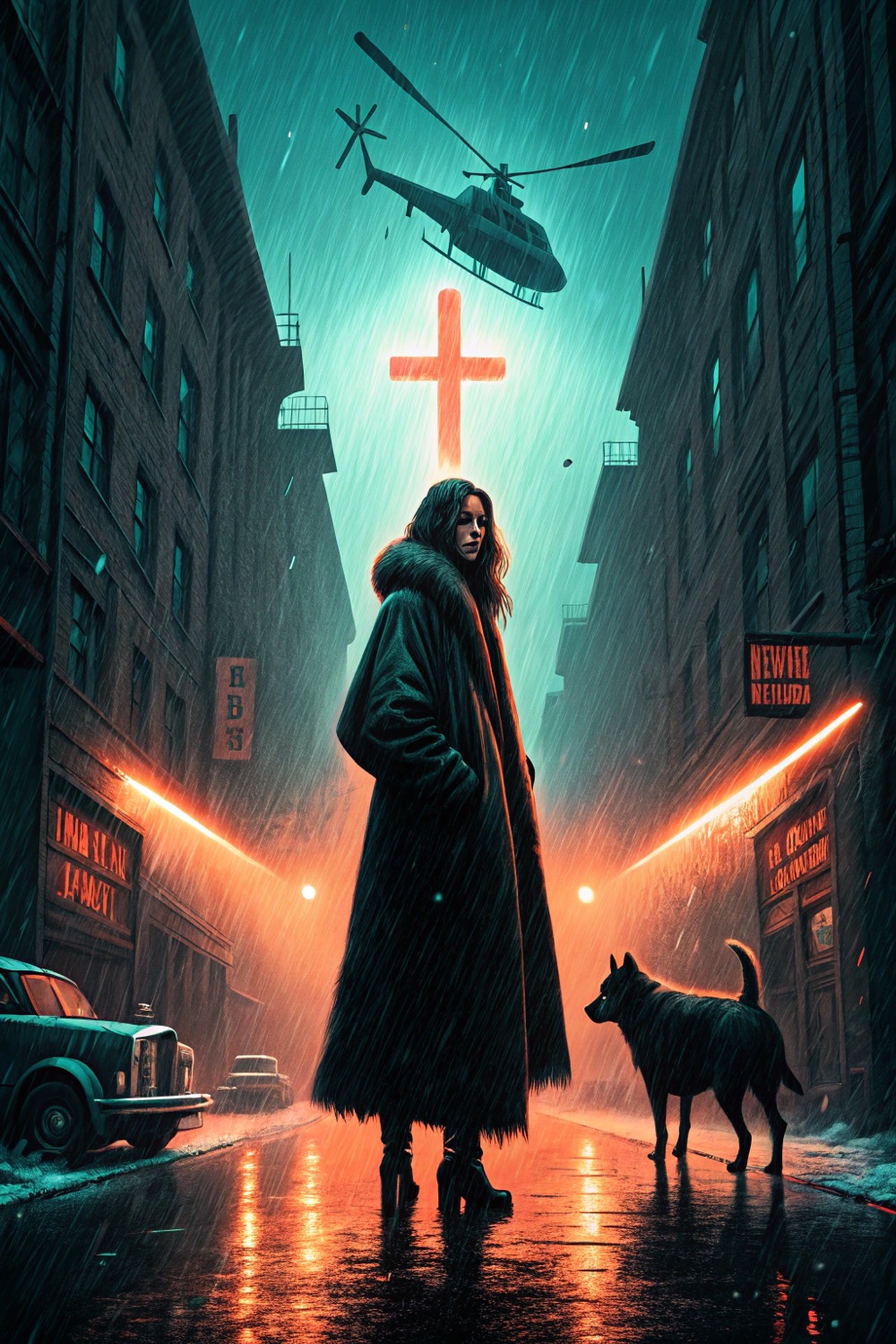 Gritty cinematic poster showing a lone Balkan woman in an oversized dark fur coat standing in a rain-soaked neon-lit Berlin alley, a Doberman silhouette beside her, and a glowing red Orthodox cross behind.