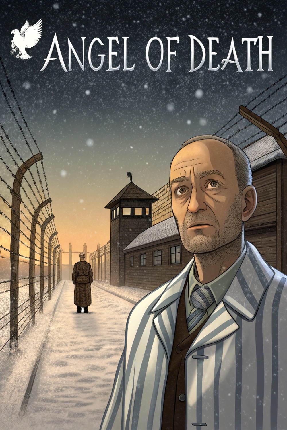 Dr. Miklós Nyiszli in a striped coat and white doctor’s jacket stands under Auschwitz’s gate at dawn, facing a distant Josef Mengele as ash-snow falls against barbed wire.