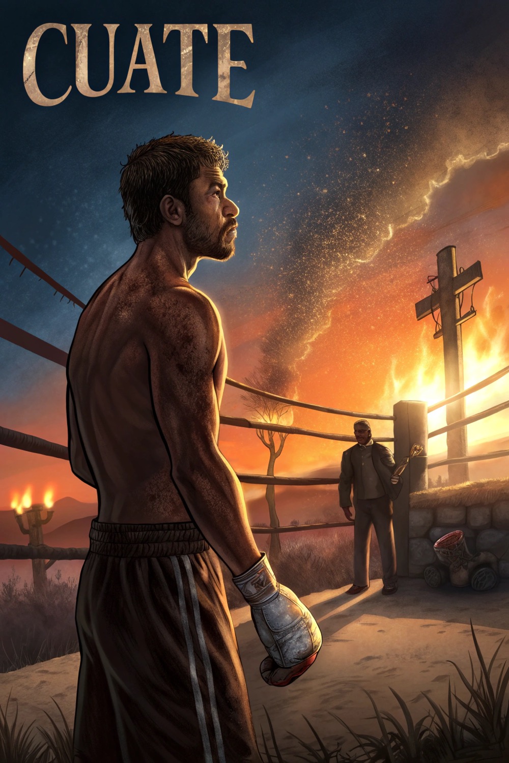 Cinematic sunrise poster showing a determined boxer and his stoic trainer framed by strawberry fields and a fiery boxing ring.