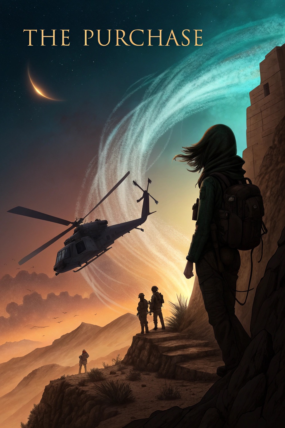 Female spy and battle-worn soldier stand back-to-back on a storm-lit Afghan cliffside at dusk beside a shattered stealth helicopter tail, with swirling rotor dust forming a faint dollar sign and the movie title glowing above.