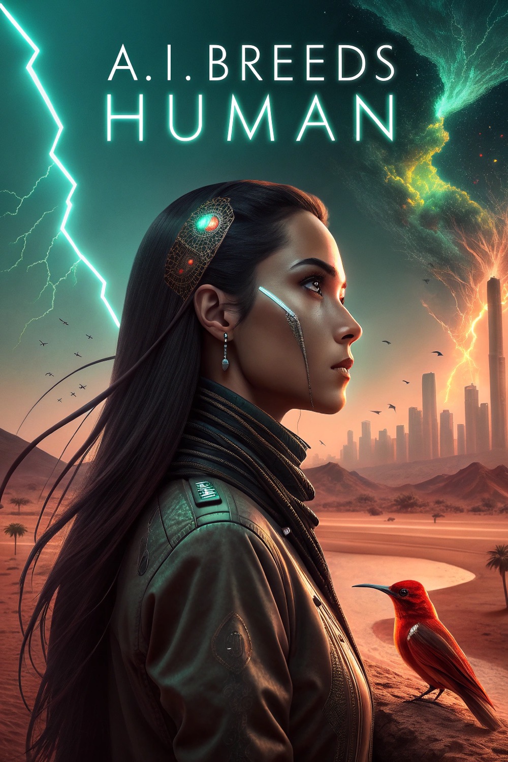 Neon-lit dystopian skyline split by a blazing desert, featuring a circuitry-glowing android holding a fragile red hummingbird beneath roaring countdown digits and a looming gold enforcer.