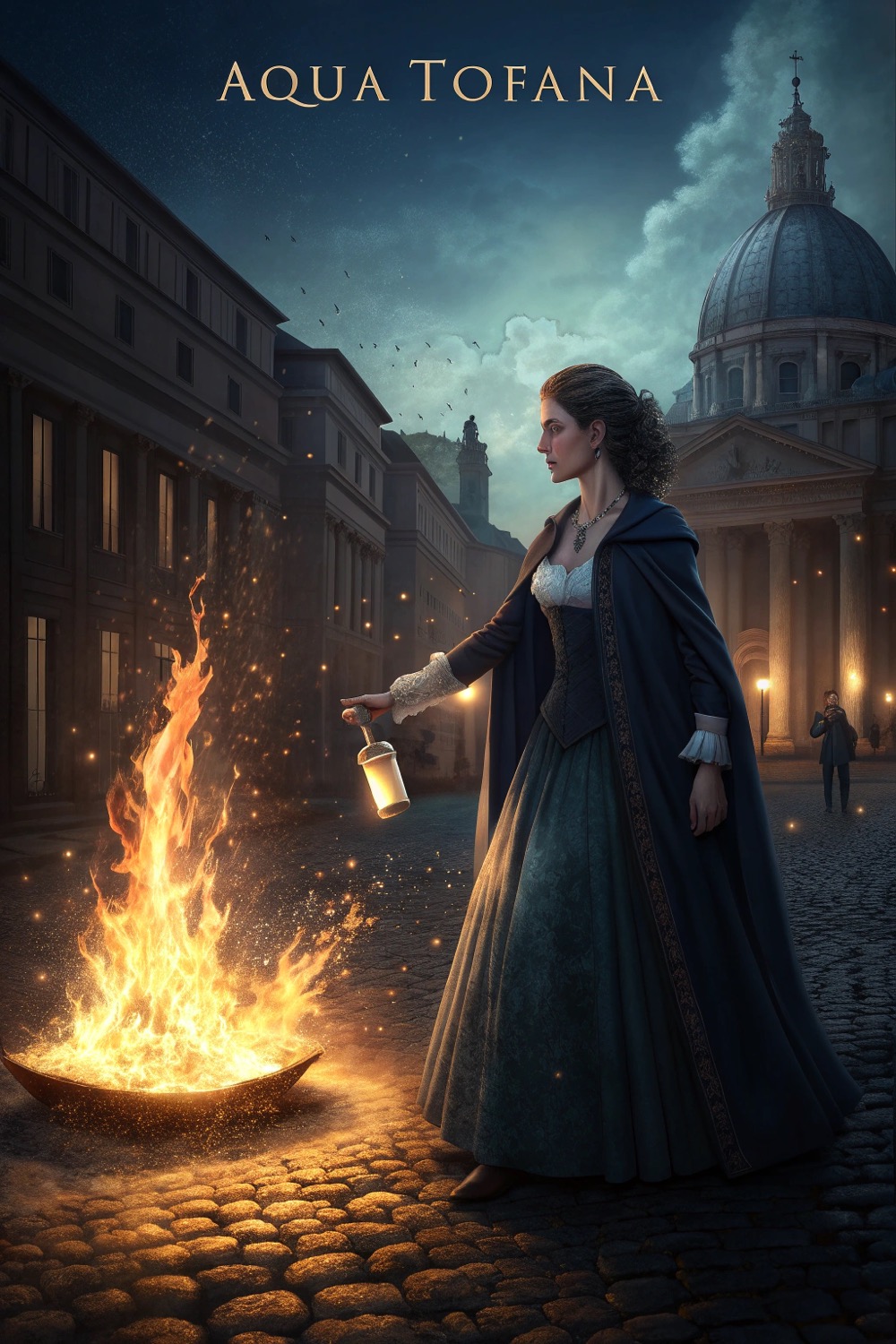 Moonlit 17th-century Rome with apothecary Giulia in a navy cloak holding a gleaming silver vial before a roaring bonfire and swirling masked silhouettes.
